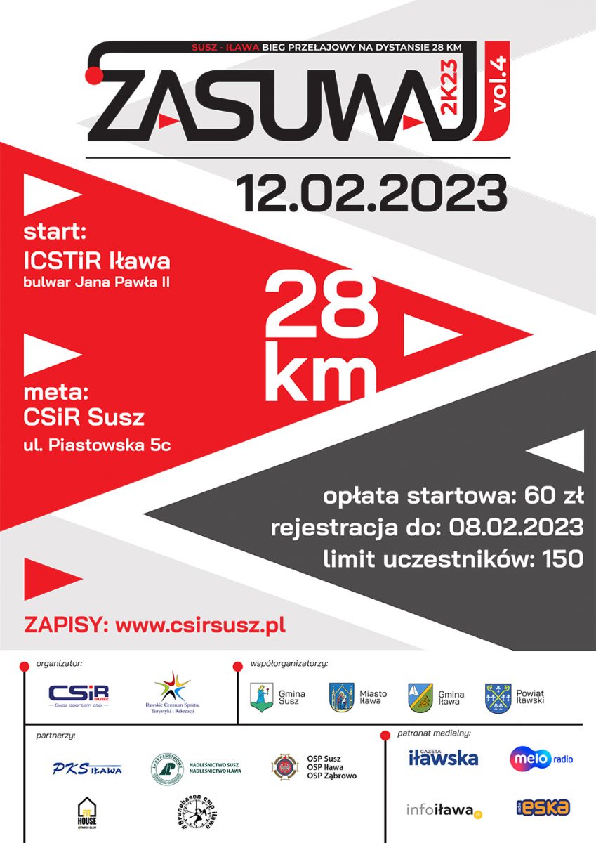 Plakat zapraszający w niedzielę 12 lutego 2023 r. do Iławy i Susza na kolejna edycję biegu przełajowego ZASUWAJ! vol.4 2023 Iława-Susz.