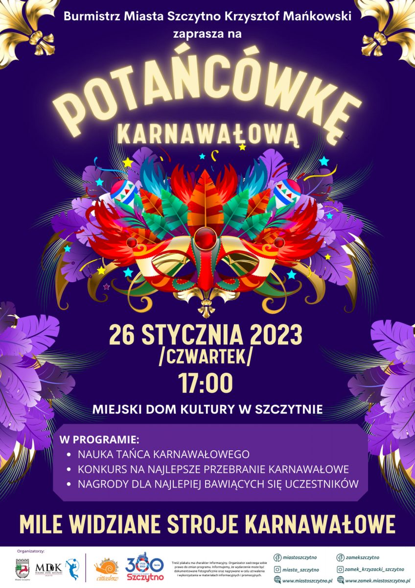 Plakat zapraszający w czwartek 26 stycznia 2023 r. do Szczytna na "Potańcówkę Karnawałową" Szczytno 2023.