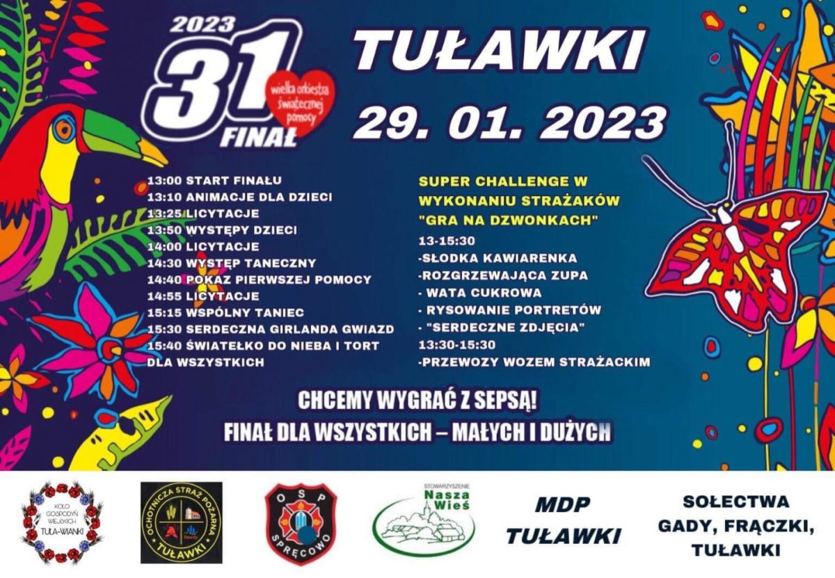 Plakat zapraszający w niedzielę 29 stycznia 2023 r. do miejscowości Tuławki w gminie Dywit koło Olsztyna na kolejną edycję 31. Finału Wielkiej Orkiestry Świątecznej Pomocy Tuławki 2023.