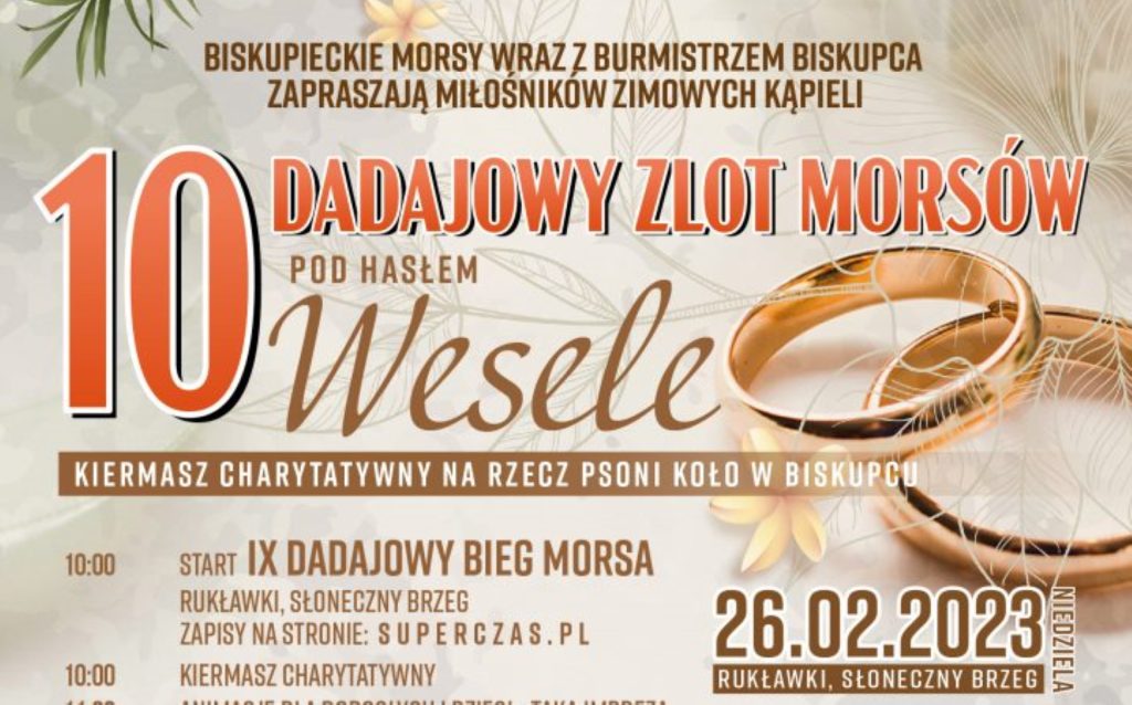 Plakat zapraszający w niedzielę 26 lutego 2023 r. do Biskupca na Dadajowy Zlot Morsów Biskupiec 2023.