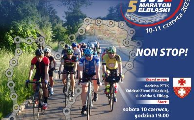 Plakat zapraszający w dniach 10-11 czerwca 2023 r. do Elbląga na 5. edycję Maratonu Elbląskiego 444km/24h Elbląg 2023.