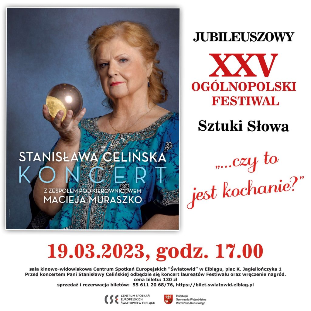 Plakat zapraszający w dniach 17-19 marca 2023 r. do Elbląga na 25. edycję Ogólnopolskiego Festiwalu Sztuki Słowa "...czy to jest kochanie" Elbląg 2023.