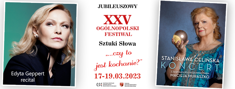 Plakat zapraszający w dniach 17-19 marca 2023 r. do Elbląga na 25. edycję Ogólnopolskiego Festiwalu Sztuki Słowa "...czy to jest kochanie" Elbląg 2023.