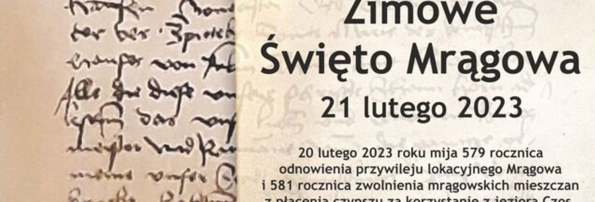 Plakat zapraszający we wtorek 21 lutego 2023 r. na do Mrągowa na "Zimowe Święto w Mrągowie" - Muzeum w Mrągowie 2023.