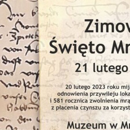 Plakat zapraszający we wtorek 21 lutego 2023 r. na do Mrągowa na "Zimowe Święto w Mrągowie" - Muzeum w Mrągowie 2023.