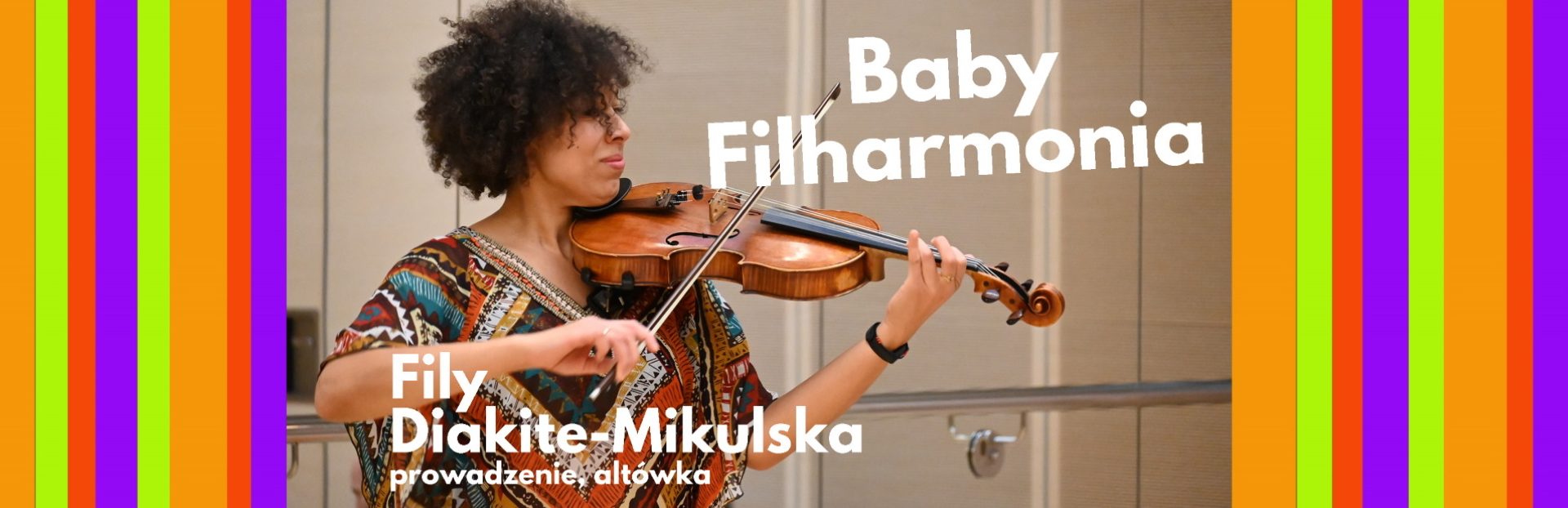 Plakat graficzny zapraszający do Olsztyna na Baby Filharmonia - zajęcia umuzykalniające dla dzieci w wieku 1-3 lat organizowane w Warmińsko-Mazurskiej Filharmonii w Olsztynie. 