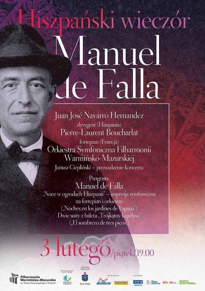 Plakat zapraszający w piątek 3 lutego 2023 r. do Olsztyna na koncert Hiszpański wieczór – Manuel de Falla Filharmonia Olsztyn 2023.