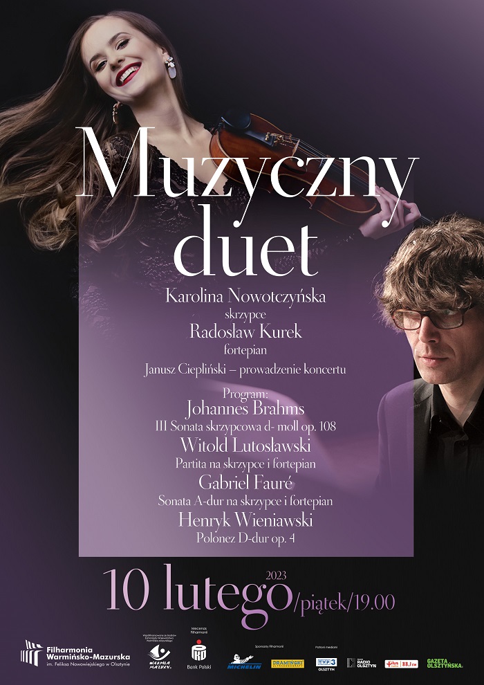 Plakat zapraszający w piątek 10 lutego 2023 r. do Olsztyna na koncert "Muzyczny duet" Filharmonia Olsztyn 2023