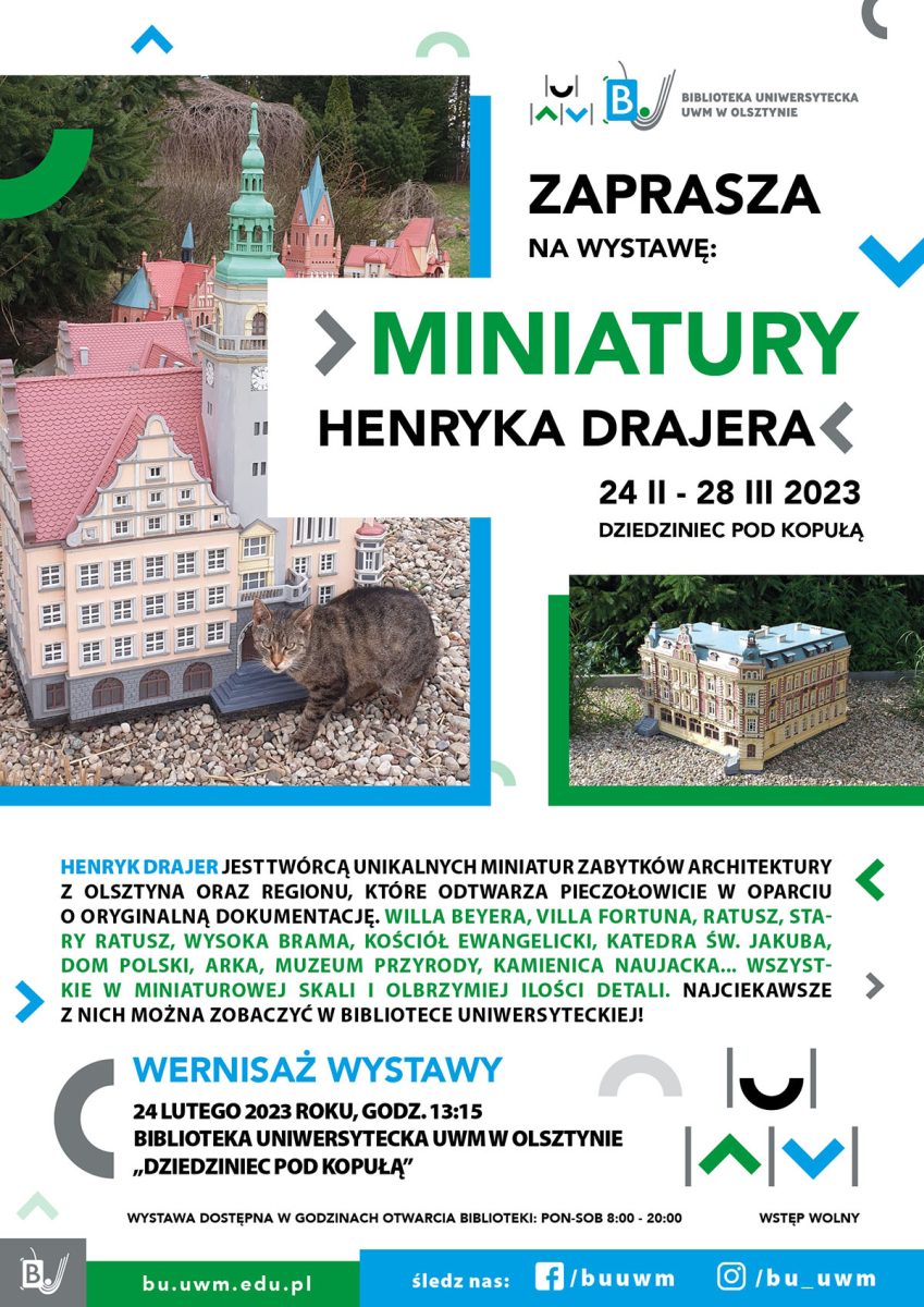 Plakat zapraszający w dniach od 24 lutego do 28 marca 2023 r. na Wystawę Miniatury Henryka Drajera Olsztyn 2023.