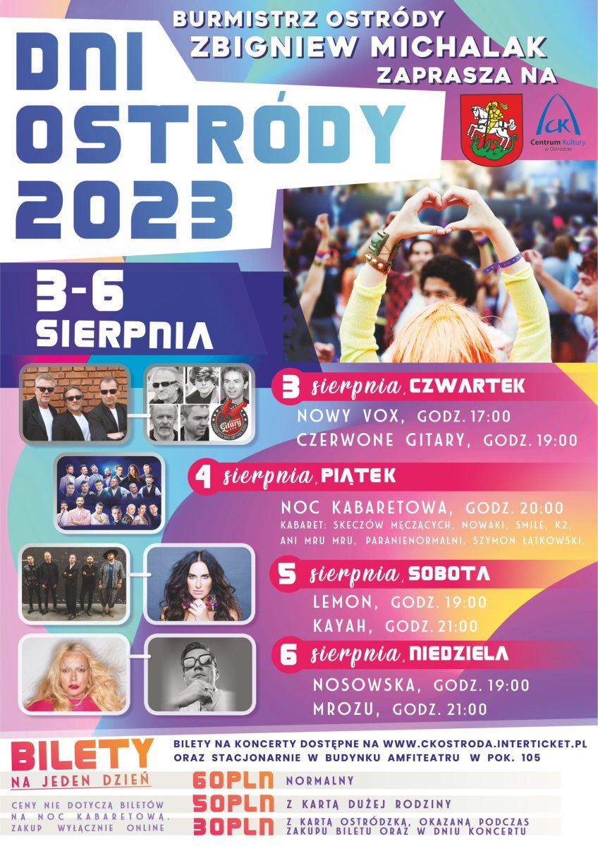 Plakat zapraszający w dniach 3-6 sierpnia 2023 r. do Ostródy na coroczną edycję imprezy Dni Ostródy 2023.