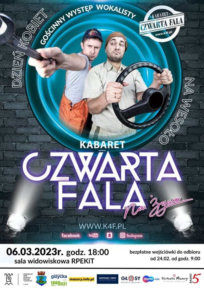 Plaka zapraszający w poniedziałek 6 marca 2023 r. do Rynu na występ Kabaretu Czwarta Fala Ryn 2023.