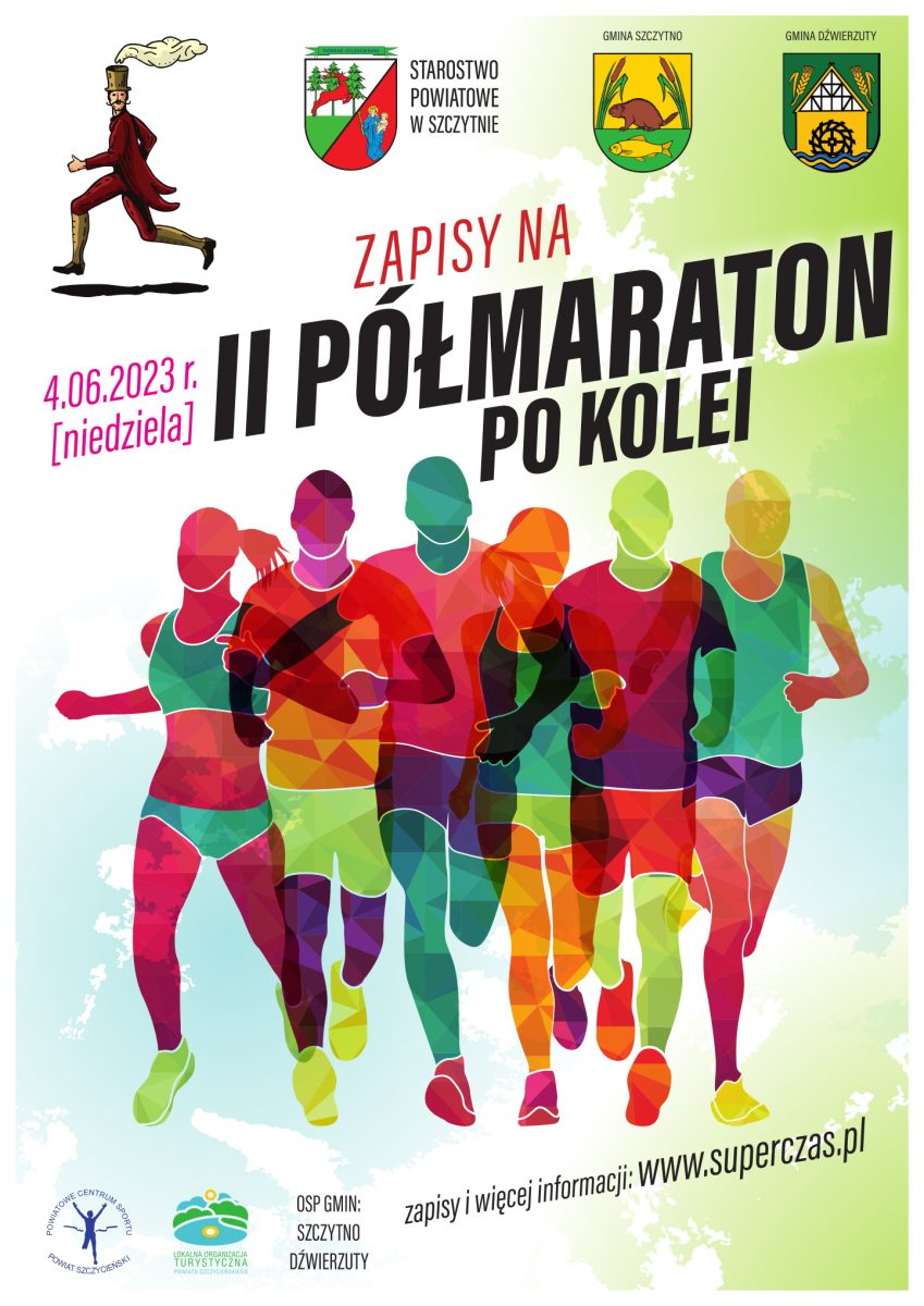 Plakat zapraszający w niedzielę 4 czerwca 2023 r. do miejscowości Lemany k. Szczytna na 2. edycję Półmaratonu Po Kolei Szczytno 2023.
