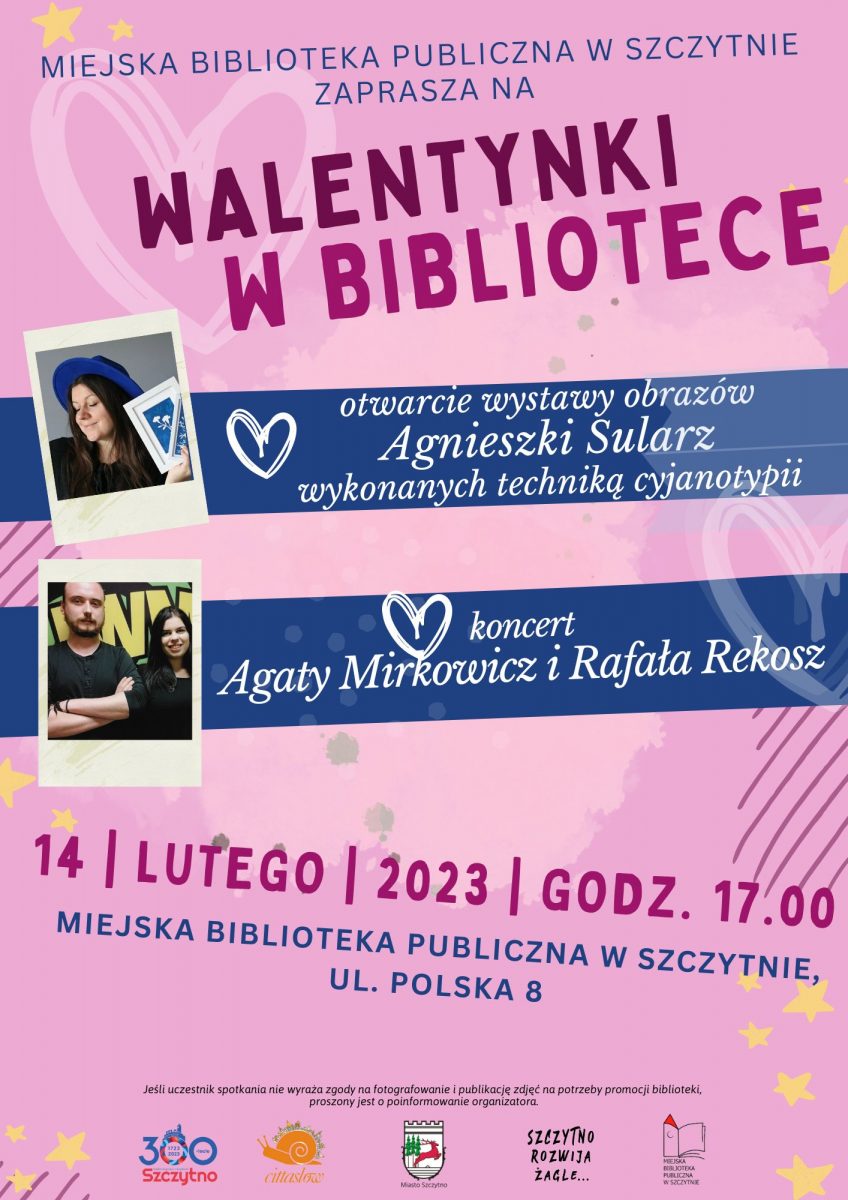 Plakat zapraszający we wtorek 14 lutego 2023 r. do Szczytna na "Walentynki" w Miejskiej Bibliotece Publicznej w Szczytnie 2023.