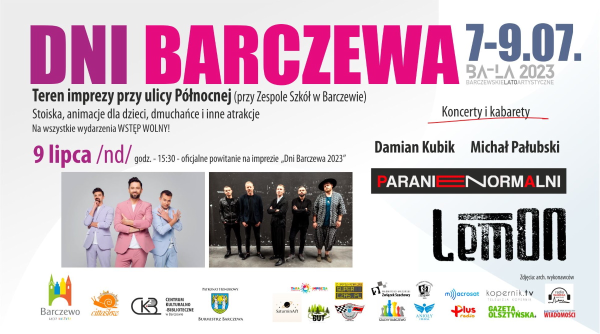 Plakat zapraszający w dniach 7-9 lipca 2023 r. do Barczewa na coroczną imprezę miasta Dni Barczewa 2023.