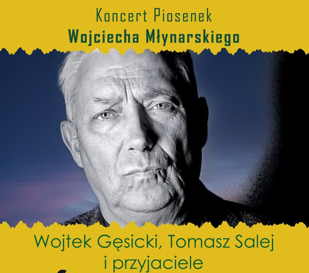 Plakat zapraszający do Centrum Kulturalno-Biblioteczne w Gietrzwałdzie w sobotę 25 marca 2023 r. na koncert piosenek Wojciecha Młynarskiego Gietrzwałd 2023.