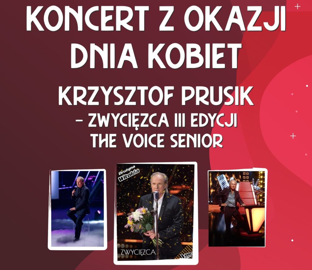 Plakat zapraszający w środę 8 marca 2023 r. do Kętrzyna na koncert z okazji DNIA KOBIET - Krzysztof Prusik Kętrzyn 2023.