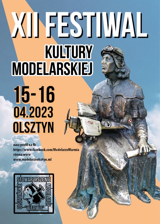 Plakat zapraszający w dniach 15-16 kwietnia 2023 r. do Olsztyna na Festiwal Kultury Modelarskiej Olsztyn 2023.