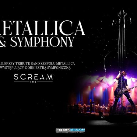 Plakat zapraszający we wtorek 28 marca 2023 r. do Olsztyna na koncert Metallica & Symphony SCREAM INC Filharmonia Olsztyn 2023.