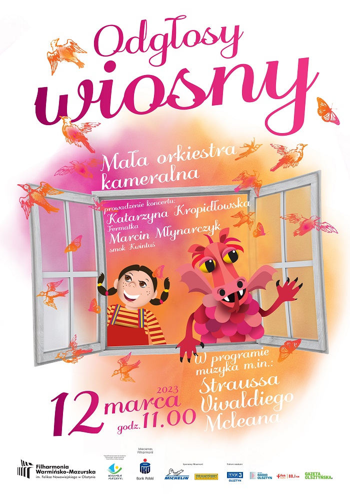 Plakat zapraszający w niedzielę 12 marca 2023 r. do Olsztyna na koncert rodzinny ze Smokiem Kwintusiem i Fermatką – Odgłosy wiosny Filharmonia Olsztyn 2023.