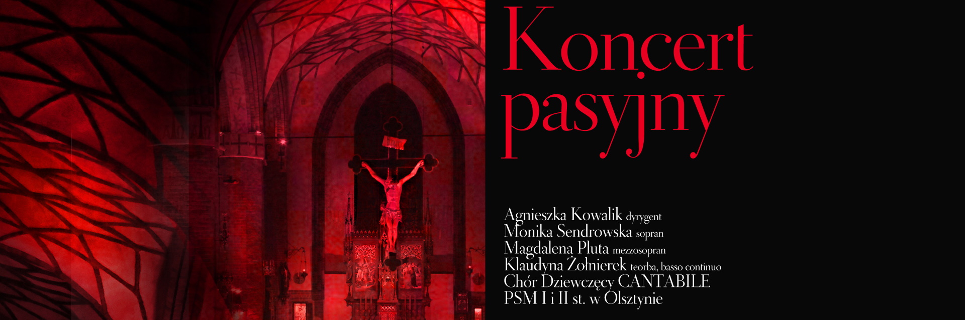 Plakat zapraszający w niedzielę 2 kwietnia 2023 r. do Olsztyna na koncert pasyjny w Bazylice katedralnej św. Jakuba w Olsztynie 2023.