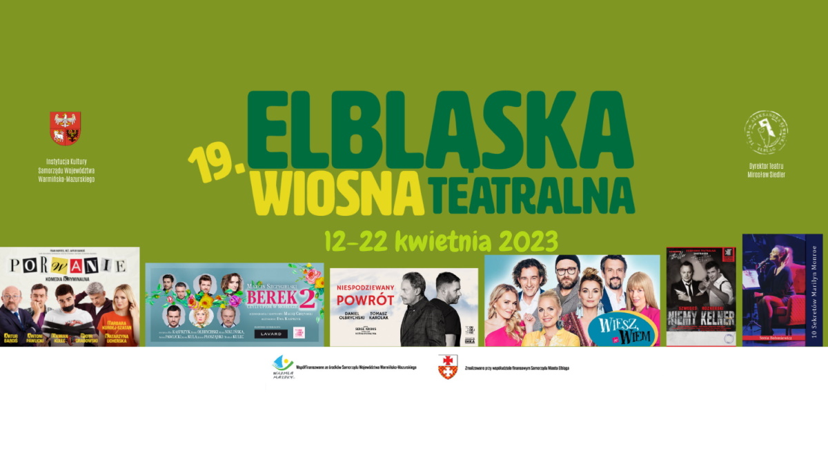 Plakat zapraszający na 19. edycję Elbląskiej Wiosny Teatralnej Elbląg 2023. 