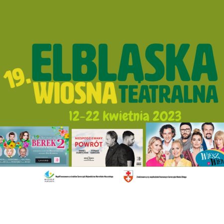 Plakat zapraszający na 19. edycję Elbląskiej Wiosny Teatralnej Elbląg 2023. 