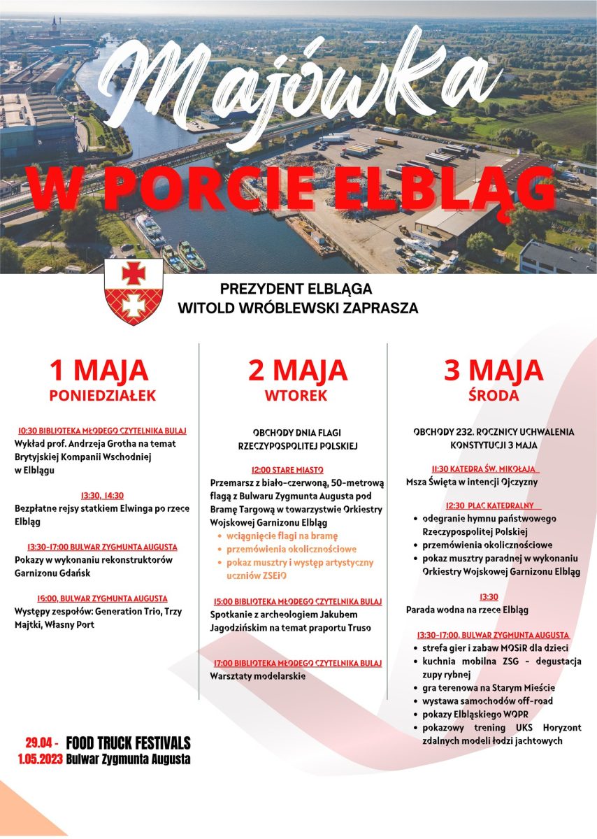 Plakat zapraszający w dniach 1-3 maja 2023 r. do Elbląga na Majówkę w Porcie Elbląg 2023.