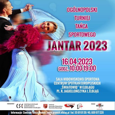 Plakat zapraszający w niedzielę 16 kwietnia 2023 r. do Elbląga na Ogólnopolski Turniej Tańca Sportowego "JANTAR" Elbląg 2023.