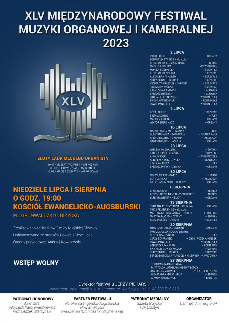 Plakat zapraszający na Międzynarodowy Festiwal Muzyki Organowej i Kameralnej Giżycko 2023. Kalendarz imprez i występów artystów 2023.  