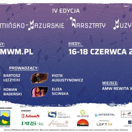 Plakat zapraszający w dniach 16-18 czerwca 2023 r. do ośrodka AMW Rewita Waplewo w miejscowości Maróz w gminie Olsztynek na 4. edycję Warmińsko-Mazurskich Warsztatów Muzycznych 2023. 