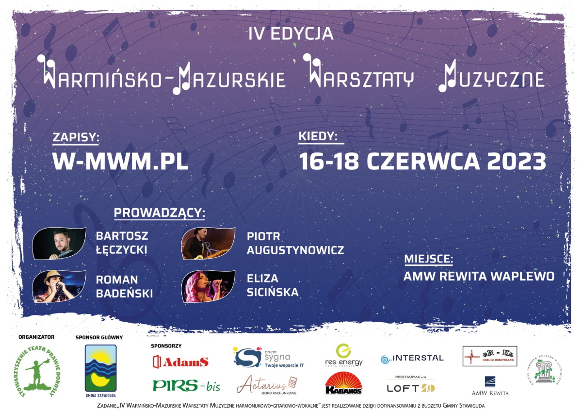 Plakat zapraszający w dniach 16-18 czerwca 2023 r. do ośrodka AMW Rewita Waplewo w miejscowości Maróz w gminie Olsztynek na 4. edycję Warmińsko-Mazurskich Warsztatów Muzycznych 2023. 