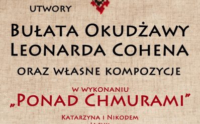 Plakat zapraszający w sobotę 10 czerwca 2023 r. do Mikołajek na koncert zespołu Pod Chmurami - ballady Bułata Okudżawy, Leonarda Cohena Mikołajki 2023.