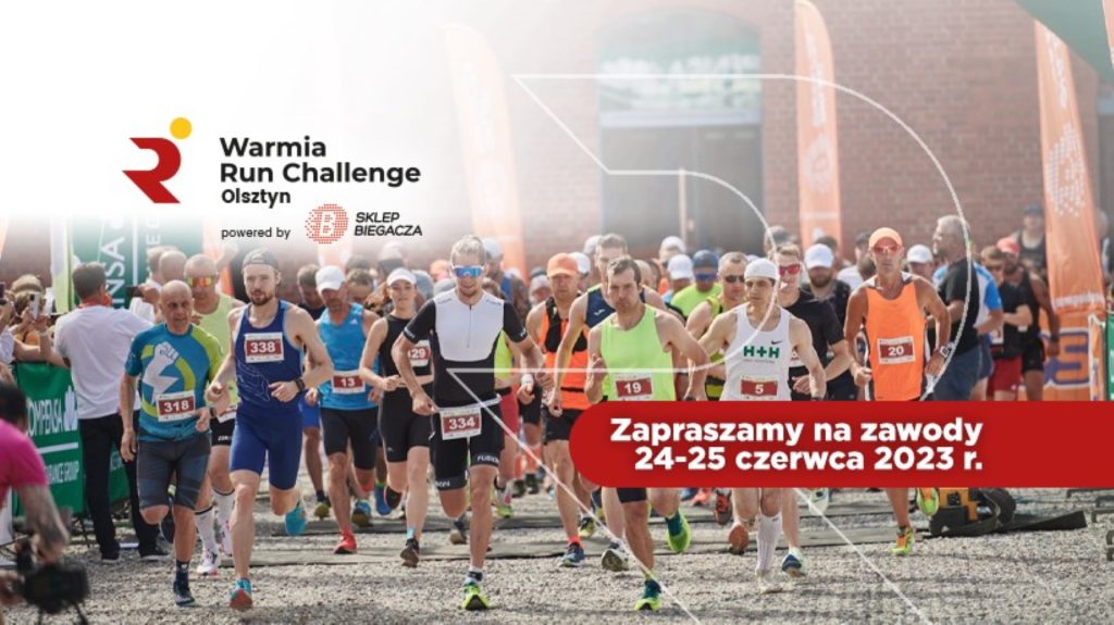 Plakat zapraszający w dniach 24-25 czerwca 2023 r. do Olsztyna na Festiwal Biegowy w Olsztynie - Warmia Run Challenge Olsztyn 2023.
