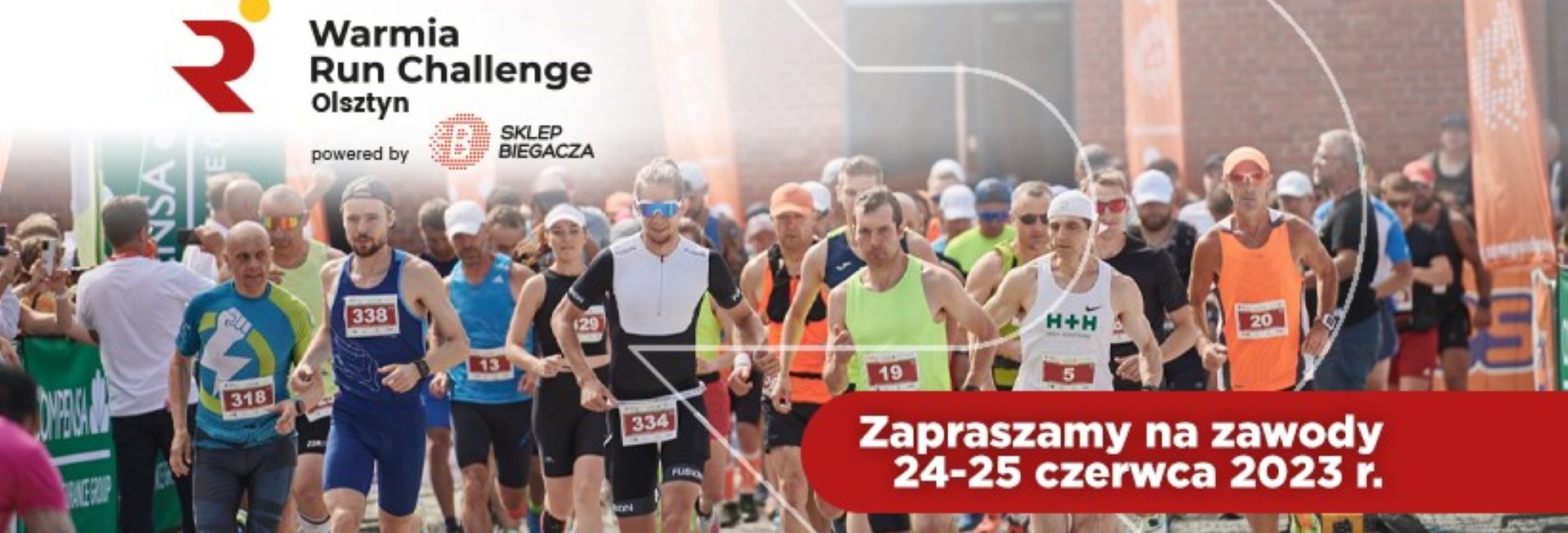 Plakat zapraszający w dniach 24-25 czerwca 2023 r. do Olsztyna na Festiwal Biegowy w Olsztynie - Warmia Run Challenge Olsztyn 2023.