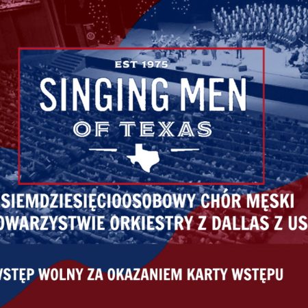 Plakat zapraszający w środę 19 kwietnia 2023 r. do Olsztyna na koncert chóralny - The Singing Men of Texas Filharmonia Olsztyn 2023.