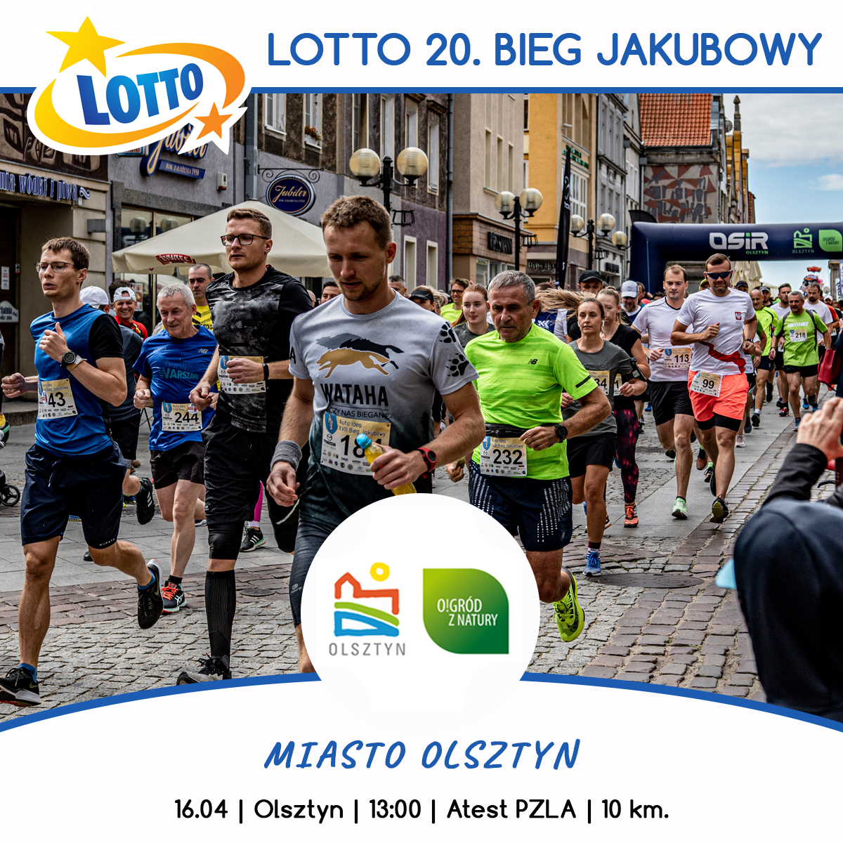Plakat zapraszający w niedzielę 16 kwietnia 2023 r. do Olsztyna na 20. edycję Biegu Jakubowego Olsztyn 2023.