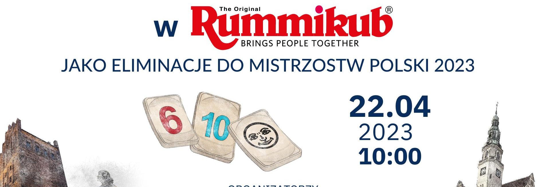 Plakat zapraszający w sobotę 22 kwietnia 2023 r. do Kuźni Społecznej w Olsztynie na Mistrzostwa Olsztyna w Rummikub Olsztyn 2023.