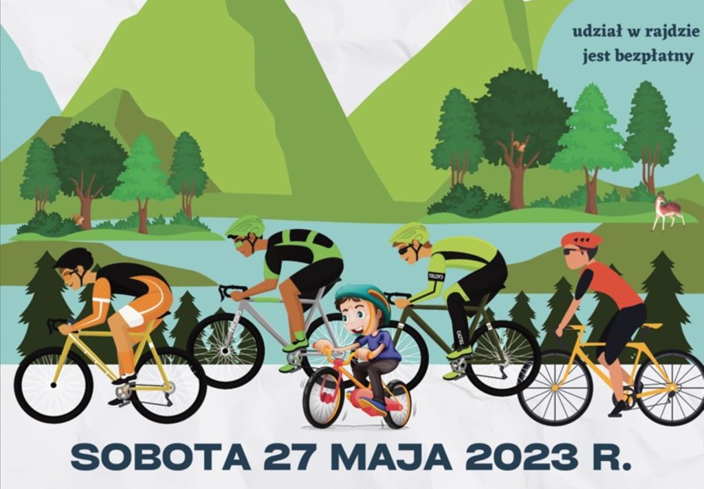 Plakat zapraszający w sobotę 27 maja 2023 r. do Ostródy na Rajd Rowerowy WZGÓRZA DYLEWSKIE Kajkowo-Wysoka Wieś 2023. 