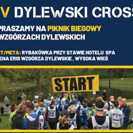 Plakat zapraszający w niedzielę 14 maja 2023 r. do miejscowości Wysoka Wieś w gminie Ostróda na Letni Bieg Sasinów "Dylewski Cross" Wysoka Wieś 2023. 