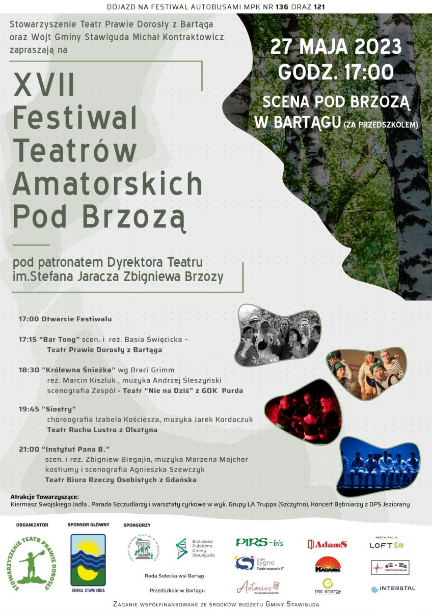 Plakat zapraszający w sobotę 27 maja 2023 r. do miejscowości Bartąg w gminie Stawiguda na 17. edycję Festiwalu Teatrów Amatorskich Pod Brzozą BARTĄG 2023.
