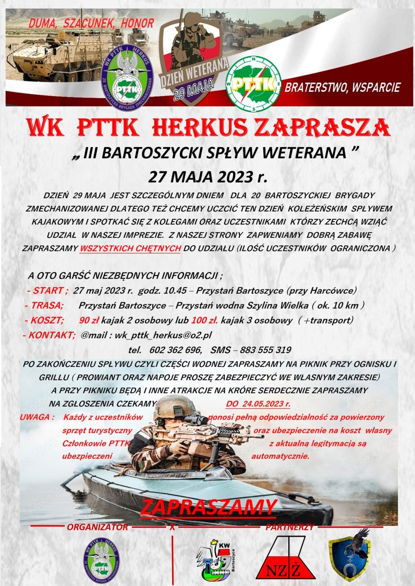 Plakat zapraszający w sobotę 27 maja 2023 r. do Bartoszyc na Bartoszycki Kajakowy Spływ Weterana Bartoszyce 2023.