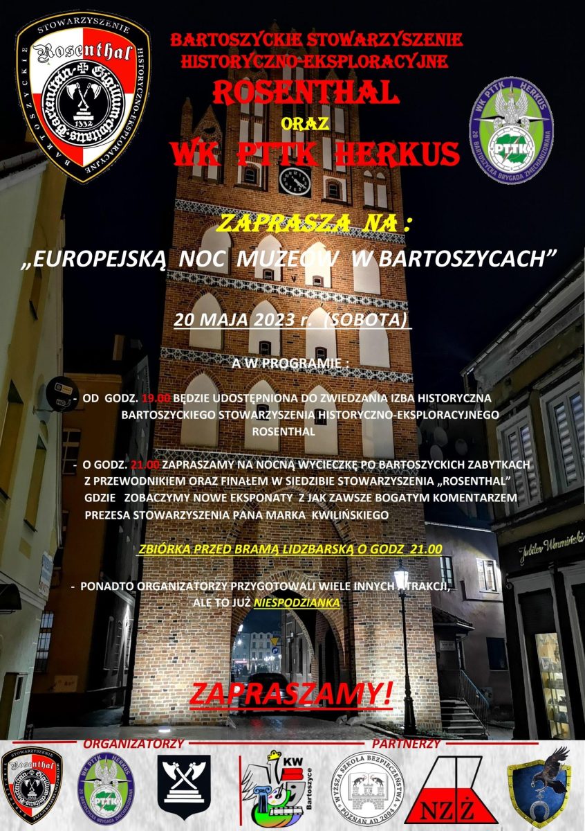 Plakat zapraszający w sobotę 20 maja 2023 r. do Bartoszyc na Europejską Noc Muzeów Bartoszyce 2023.