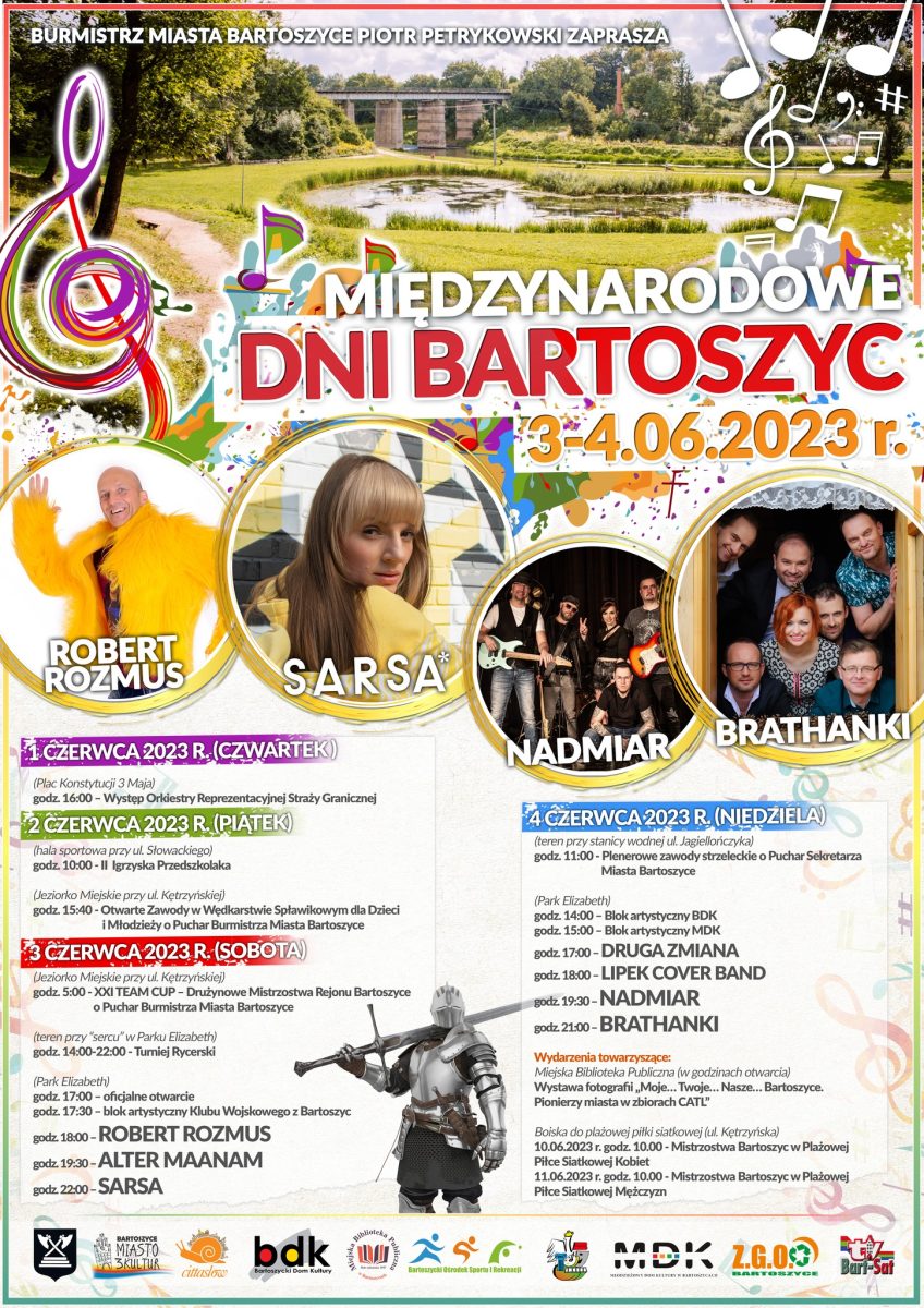 Plakat zapraszający w dniach 3-4 czerwca 2023 r. do Bartoszyc na Międzynarodowe Dni Bartoszyc 2023.