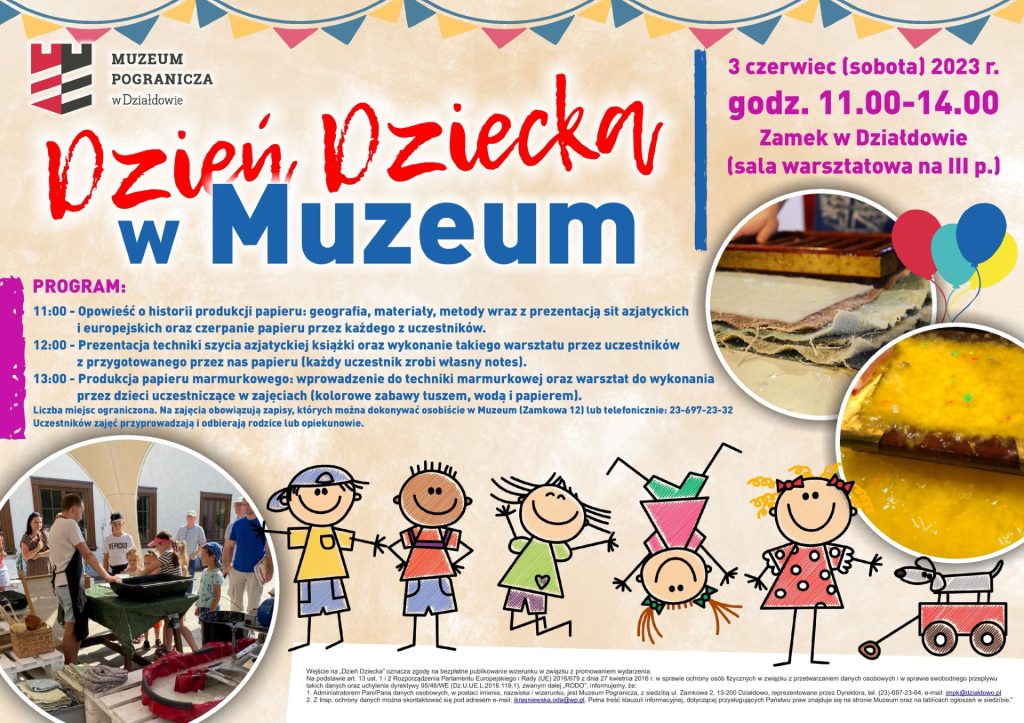 Plakat zapraszający w sobotę 3 czerwca 2023 r. do Działdowa na Dzień Dziecka w Muzeum Pogranicza - Zamek w Działdowie 2023.