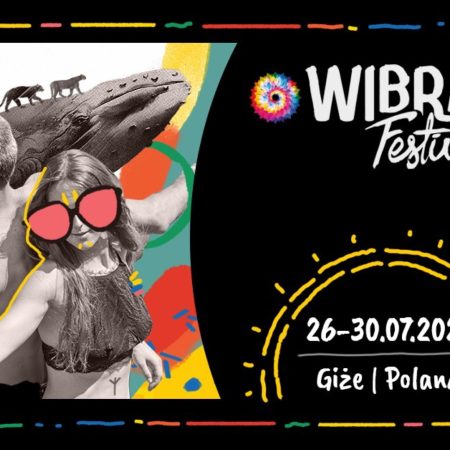 Plakat zapraszający w dniach 26-30 lipca 2023 r. do miejscowości Giże k.Olecka na 7. edycję Wibracje Festiwal GIŻE 2023.