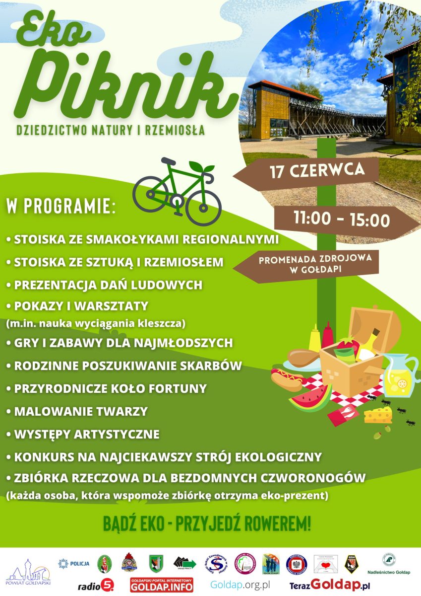 Plakat zapraszający w sobotę 17 czerwca 2023 r. do Gołdapi na Eko Piknik - Promenada Zdrojowa w Gołdapi 2023.