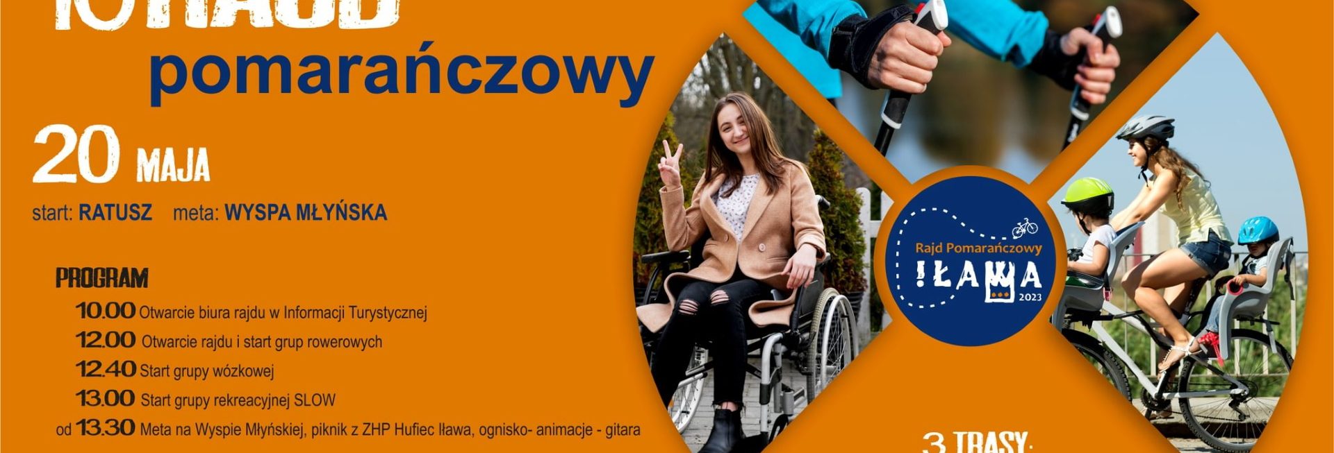 Plakat zapraszający w sobotę 20 maja 2023 r. do Iławy na Rajd Pomarańczowy Iława 2023.