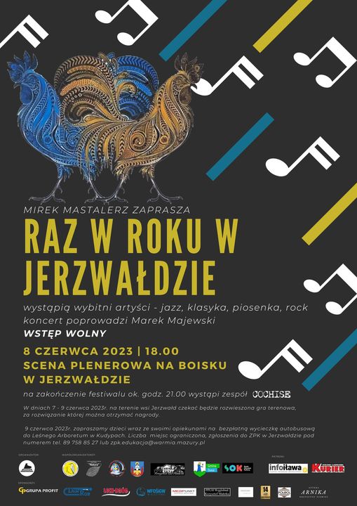 Plakat zapraszający w czwartek 8 czerwca 2023 r. do miejscowości Jerzwałd w powiecie Iławskim na koncert - Raz w roku w Jerzwałdzie 2023. 