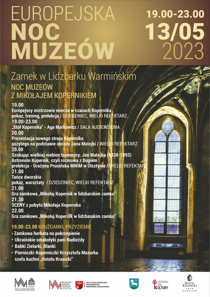 Plakat zapraszający w sobotę 13 maja 2023 r. do Lidzbarka Warmińskiego na Noc Muzeów - Zamek w Lidzbarku Warmińskim 2023.