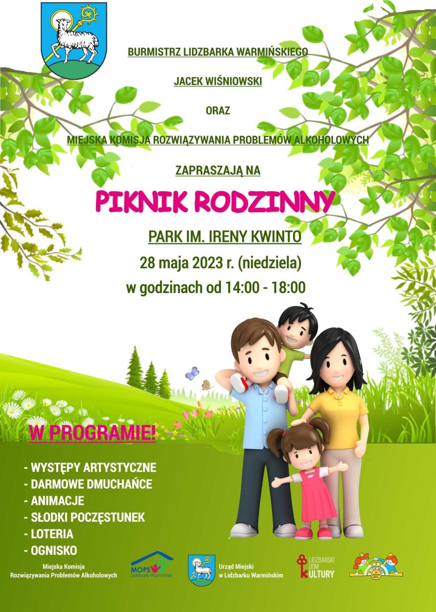 Plakat zapraszający w niedzielę 28 maja 2023 r. do Lidzbarka Warmińskiego na Piknik Rodzinny Lidzbark Warmiński 2023.